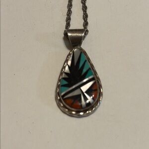 Vintage Silver Blue Zuni Native American NecklaceTeardrop Pendant Silver Chain
